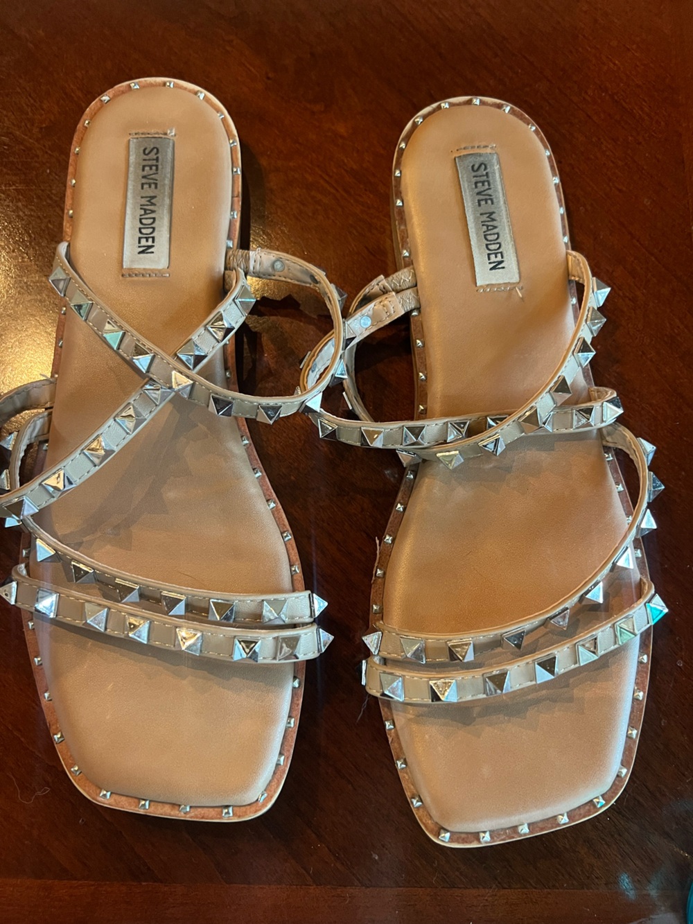 Steve Madden Tan Strappy Sandals with Silver Pyramid Studs